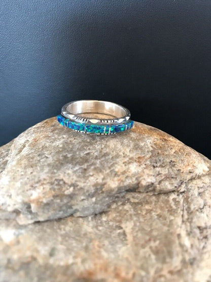 Southwestern Navajo Blue Opal Inlay Ring | Sterling Silver | Sz 9.5 | Authentic Native American Handmade | 10612