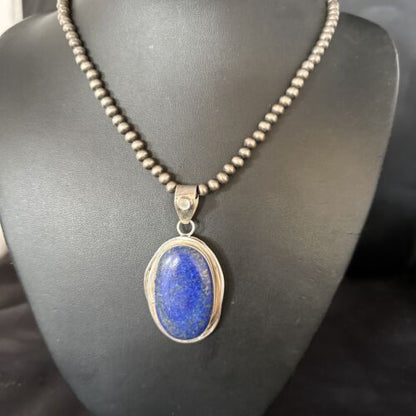 Native American Men's Navajo Pearls Necklace Pendant | Sterling Silver Lapis | 14466