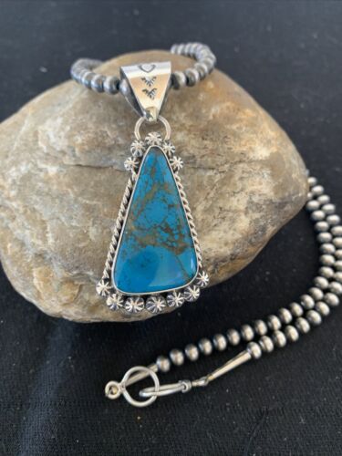Navajo Pearls Sterling Silver Blue Spiderweb Turquoise Necklace Pendant | Men's Southwestern | 00861