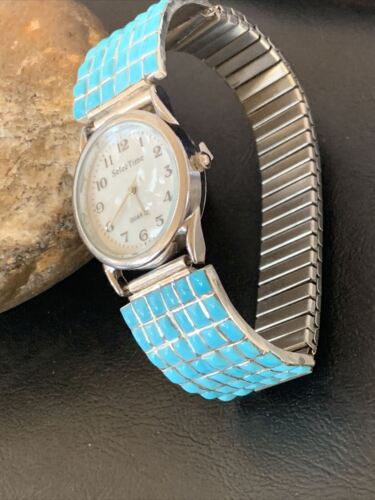 Men's Zuni Sterling Silver Watch with Blue Turquoise Inlay Tips | Authentic Native American Jewelry | 2120