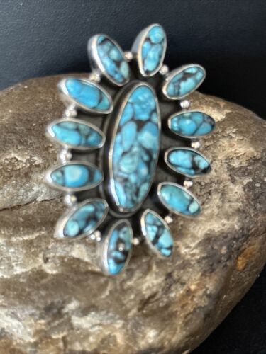 Navajo Blue Turquoise Cluster Ring | Authentic Native American Sterling Silver | Multi-Stone | Sz 6.5 | 14227