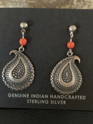 Old Pawn Southwestern Coral Dangle Earrings | Sterling Silver | 1" | 12995