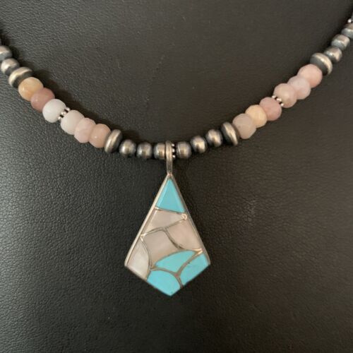 Navajo Mother of Pearl Turquoise Inlay Pendant with Pink Opal Bead | Sterling Silver Necklace | 13456