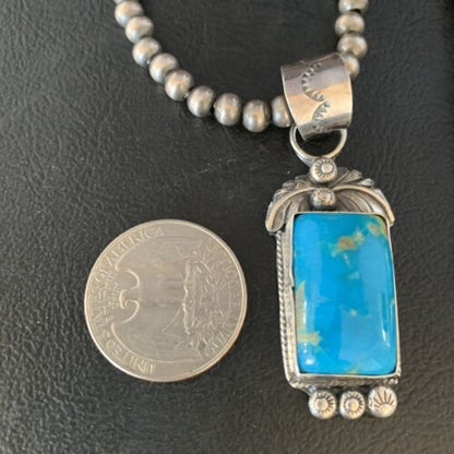 Men's Blue Kingman Turquoise Necklace Pendant | Sterling Silver Navajo Pearls | 13762