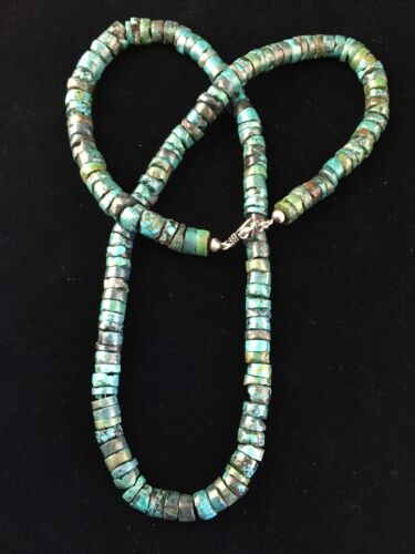Native American Green Turquoise Heishi Necklace | Sterling Silver | 26" | 13901