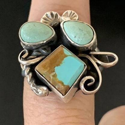 Navajo Men's Sterling Silver Ring | Blue Turquoise #8 Multi-Stone | Sz 10 | Native American Handmade | 2167