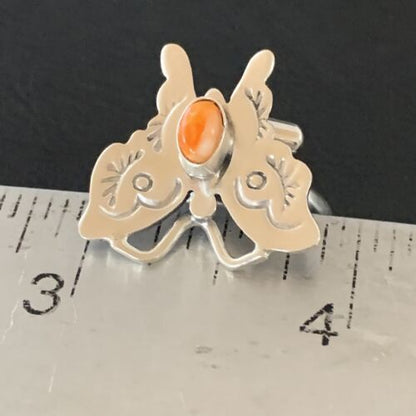 Navajo Orange Spiny Oyster Butterfly Ring | Sterling Silver | Sz Adj 8 | Authentic Native American Handmade | 10344