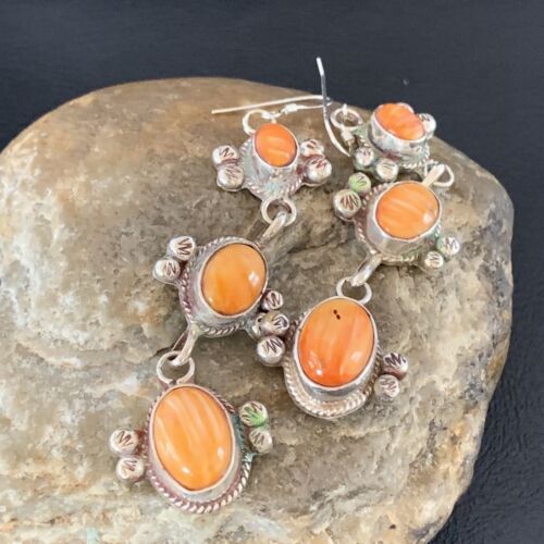 Navajo Orange Spiny Oyster Dangle Earrings | Sterling Silver | Authentic Native American Handmade | 1231