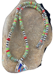 Navajo Turquoise & Spiny Oyster Inlay Pendant Necklace | Sterling Silver | Authentic Native American Handmade | 01622