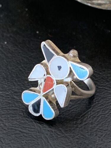 Zuni Peyote Bird Ring | Sterling Silver Coral Turquoise Onyx Mother of Pearl Inlay | Sz 5.5 | 10790