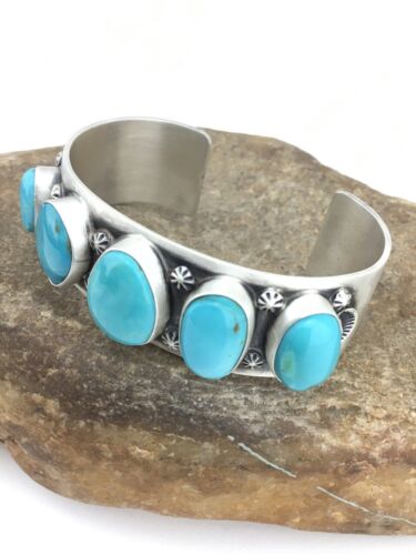 Navajo Men's Sterling Kingman Turquoise Bracelet | 5 Stone | Authentic Native American Handmade | 1304