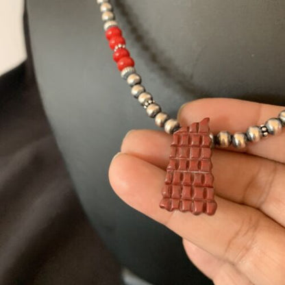 Navajo Red Coral Corn Inlay Necklace Pendant | Sterling Silver | 21" | Authentic Native American Handmade | 12586