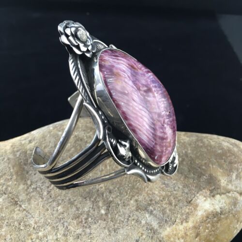 Navajo Purple Spiny Oyster Row Cuff Bracelet | Sterling Silver | XL Men's | Authentic Native American Handmade | 10111