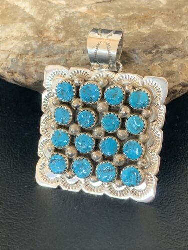 Navajo Blue Turquoise Cluster Pendant | Sterling Silver | 2" | Authentic Native American Handmade | 02098