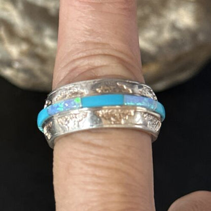 Navajo Blue Turquoise Opal Inlay Eternity Band Ring | Sterling Silver | Sz 6.5 | 14543