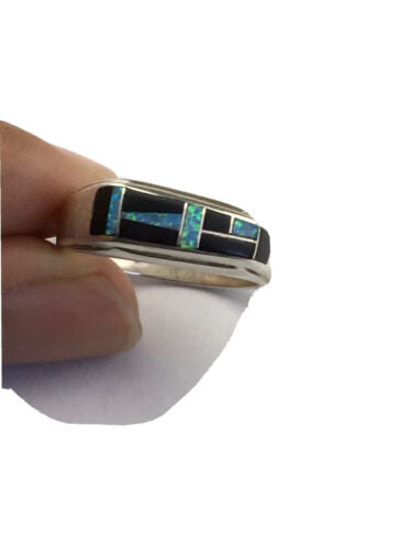 Native American Men's Navajo Opal & Black Onyx Inlay Ring | Sterling Silver | Sz 10 | 1600