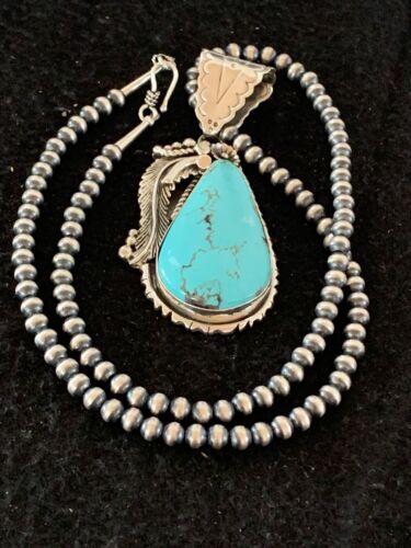 Men's Kingman Turquoise Pendant | Navajo Pearls Sterling Silver Necklace | Authentic Native American Handmade | 4299