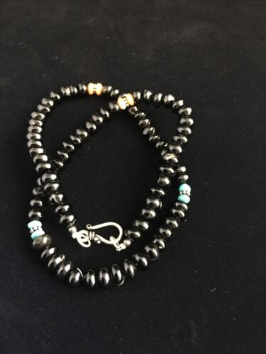 Navajo Black Onyx Turquoise Necklace | Sterling Silver | 18" | Authentic Native American Handmade | 10022
