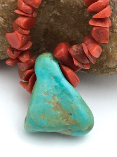 Native American Turquoise and Coral Pendant Necklace | Brass Old Pawn | 19" | 4007