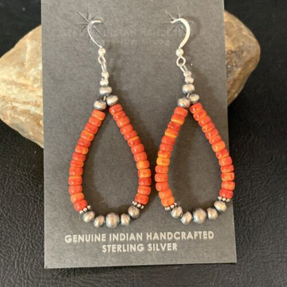 Navajo Red Spiny Oyster Hoop Earrings | Sterling Silver | Authentic Native American Handmade | 13499