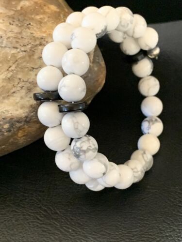 Navajo Memory Wire Bracelet | Stainless Steel | Howlite & Onyx Beads | Sterling Silver | 01956