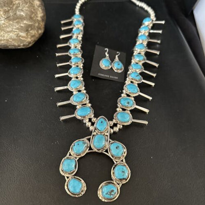 Kingman Turquoise Squash Blossom Necklace | Navajo Sterling Silver Naja | Authentic Native American | 14456