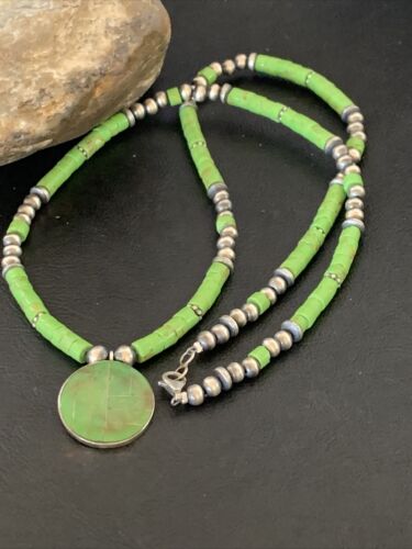 Navajo Green Gaspeite Turquoise Pendant | Sterling Silver | Authentic Native American Handmade | 12344