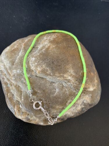 Navajo Green Gaspeite Heishi Tube Beads Bracelet | Sterling Silver | 8" | Authentic Native American Handmade | 13210