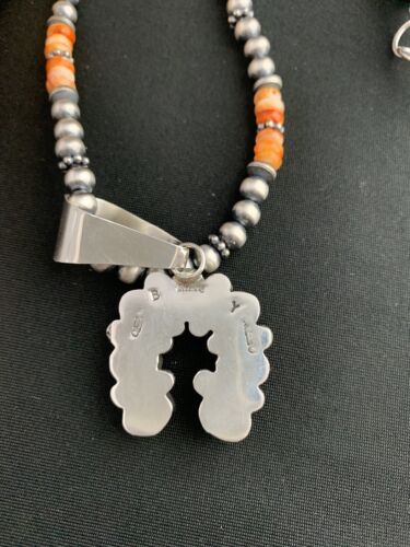 Navajo Pearls Sterling Necklace | Orange Spiny Oyster Cluster Naja Pendant | Native American 21" | 00189