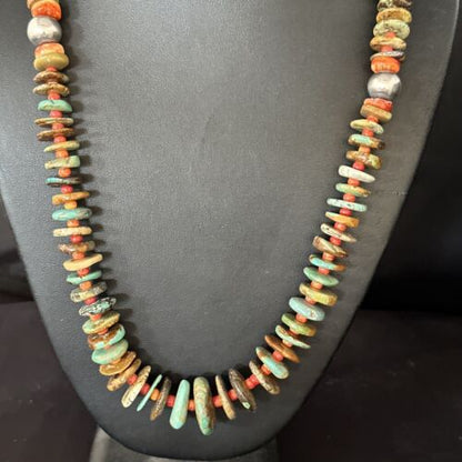 Navajo Turquoise & Red Spiny Oyster Necklace | Sterling Silver | Authentic Native American | 32" | 14379