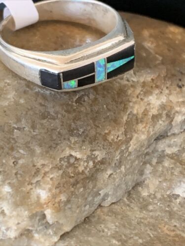 Navajo Multi-Color Opal & Black Onyx Inlay Ring | Sterling Silver | Sz 9.5 | 14677