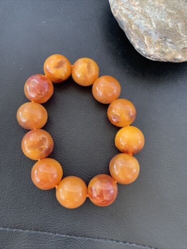 Southwestern Stretch Bracelet Set | Yellow Gold | Red Fossil Amber Stones | Authentic Native American Handmade | 10638