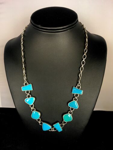 Navajo Sterling Silver Inlay Blue Turquoise Necklace & Bracelet Set | Old Pawn Jewelry | Authentic Native American Handmade | 8741