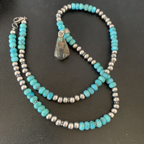 Women's Blue Turquoise Pendant Necklace | Navajo Pearls | Sterling Silver | Authentic Native American Handmade | 13368