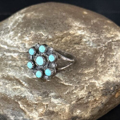 Zuni Blue Turquoise Cluster Ring | Authentic Native American Sterling Silver | Multi-Stone | Sz 7.5 | 14727