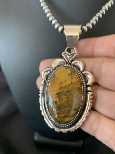 Men's Navajo Pearl Necklace with Sterling Silver Coffee Tiger's Eye Pendant | Authentic Native American Handmade | 11688 - Masha USA