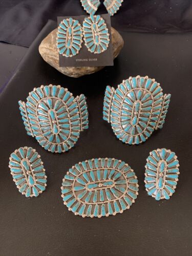 Navajo Blue Turquoise Squash Blossom Necklace | Sterling Silver | 7Pc Cluster Pendant | 12084