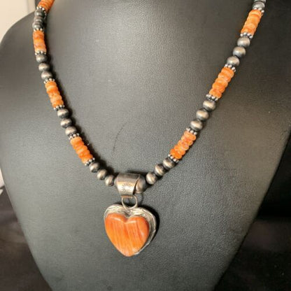Navajo Orange Heart Spiny Oyster Pendant | Sterling Silver Necklace | Authentic Native American Handmade | 13946