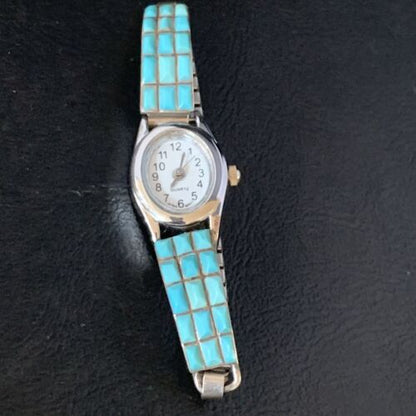 Navajo Sterling Silver Watch Tips with Turquoise Corn Inlay Band | Authentic Native American Jewelry | 13694
