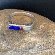 Navajo Opal Blue Lapis Red Coral Inlay Ring | Sz 7 | Authentic Native American Handmade | 11140