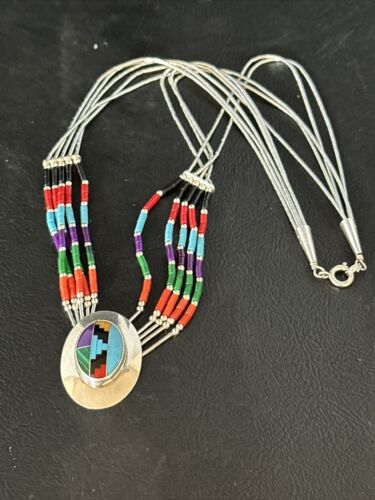 Multi-Color Liquid Silver Heishi 5-Strand Necklace | Sterling Silver Pendant | 14825