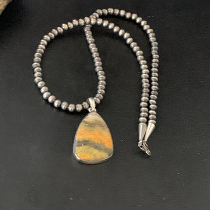Navajo Yellow Bumblebee Jasper Pendant Necklace | Sterling Silver | Authentic Native American Handmade | 12806