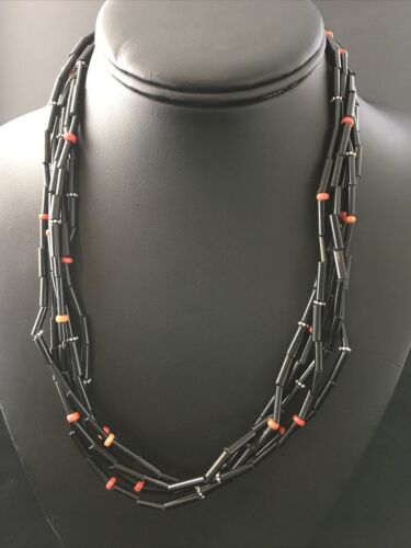 Navajo Black Onyx Coral Turquoise Bead Necklace | 5 Strand Sterling Silver | 19" | 10038