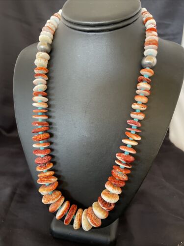 Navajo Turquoise & Red Spiny Oyster Necklace | Sterling Silver | Authentic Native American | Graduated | 20" | 10590