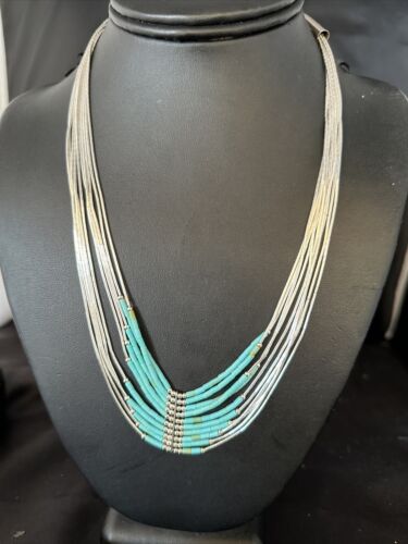 Southwestern Liquid Silver Heishi Necklace | 10 Strand | Turquoise | Sterling Silver | 14819