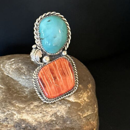 Navajo Turquoise Spiny Oyster Ring | Authentic Native American Sterling Silver | Multi-Stone | Sz 8.5 | 14490
