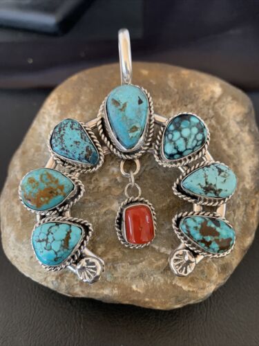 Navajo Coral Spiderweb Turquoise Pendant | Authentic Native American Sterling Silver | Naja | 02226