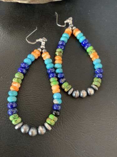 Navajo Multi-Color Lapis Spiny Turquoise Dangle Earrings | Sterling Silver | Authentic Native American Handmade | 12978