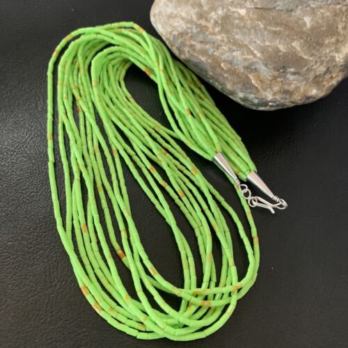 Southwestern Green Gaspeite Heishi Necklace | 10 Strand | Sterling Silver | 20" | 2237