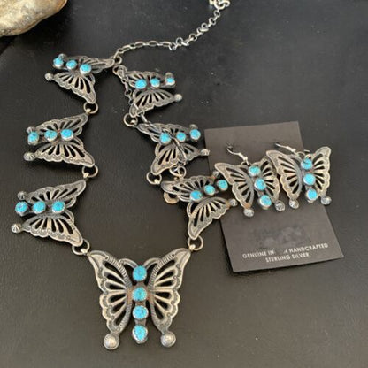 Navajo Butterfly Blue Kingman Turquoise Necklace Pendant Earrings Set | Authentic Native American Handmade | 13227